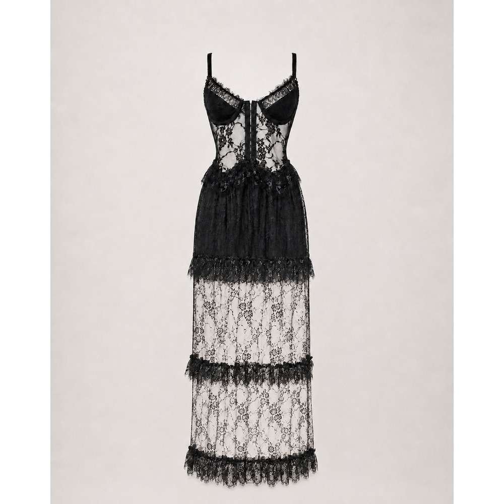 NWT Current Mood Delilah Black Lace Tiered Maxi Dress Size M Dolls Kill Goth Emo